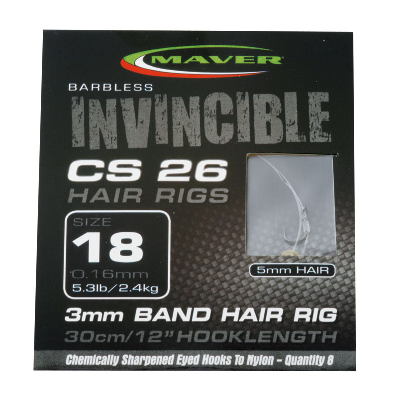 12" HOOKLENGTH MAVER INVINCIBLE CS26 BARBLESS EYED 3mm BAND HAIR RIGS 30cm 