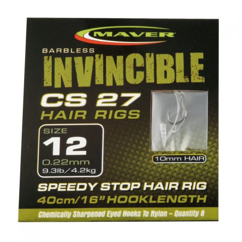 MAVER INVINCIBLE CS27 BARBLESS EYED 3mm BAND HAIR RIGS 40cm/16" HOOKLENGTH 